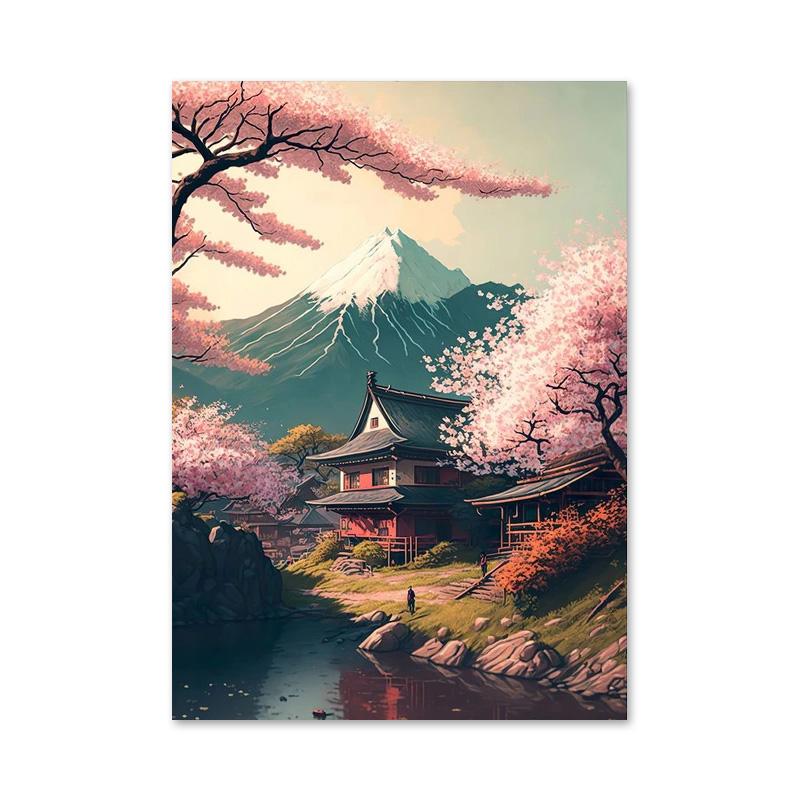 

Ретро фэнтези Япония дом деревня пейзаж постеры и принты картины на холсте озеро сакура настенное искусство для гостиной домашний декор 21*30cm No Frame