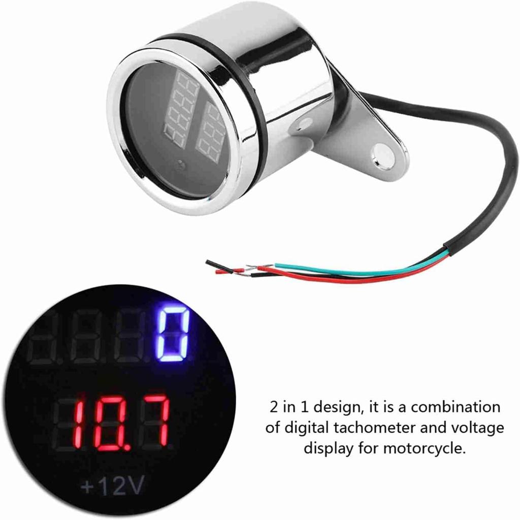Universal Electronic Tachometer 2 in 1 Motorcycle LED Digital Voltmeter Tachometer Gauge Metal Odometer Speedometer Silver for Meauring Voltage of