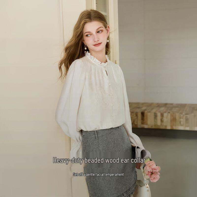 Xiangying Women's Faux Two-Piece Lace Trim Long-Sleeve Shirt