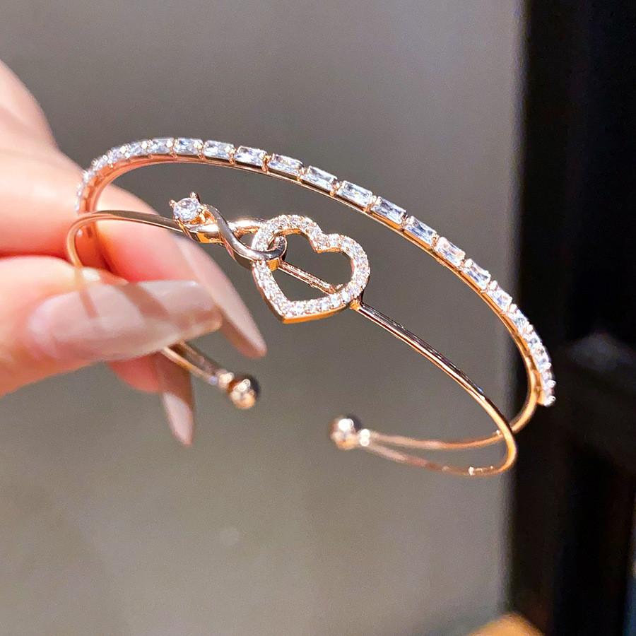 Love Heart Geometric Double Layer Bracelet With Silver Plated Copper For Fashion Women Spring 2026