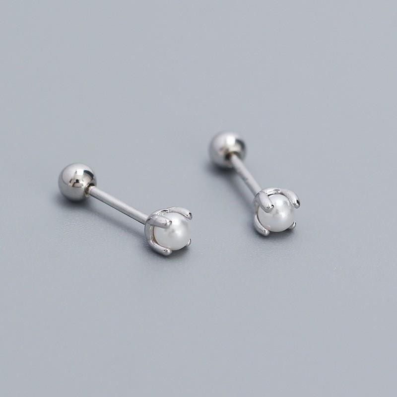 Minimalist Imitation Pearl Threaded Stud Earrings Women Geometric Tiny Layering Ear Piercing Jewelry In Sterling