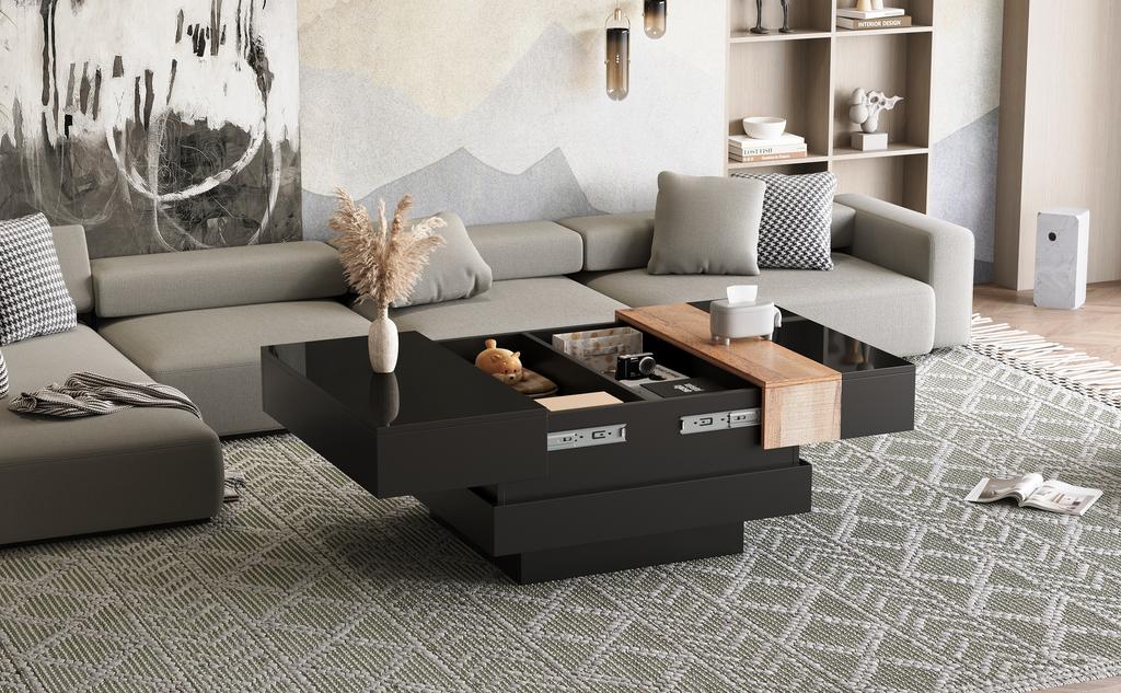 Tavolino Quadrato per Soggiorno 70*70*39cm, Tavolino da Caffè Estensibile con Contenitore Nascosto, Tavolino da Tè con Design Color Block, Tavolino Laterale ad Alta Lucentezza, Nero, MDF