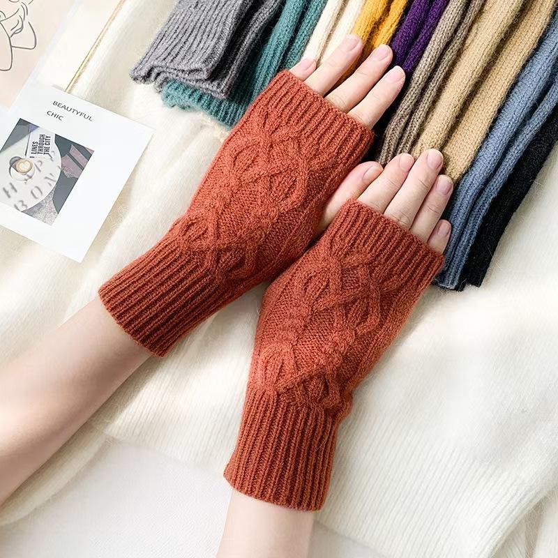 Autumn Winter Knitted Fried Dough Twists Warm Gloves for Women Solid Color Soft Skin Thickened Half Finger Gloves Wrist Washable