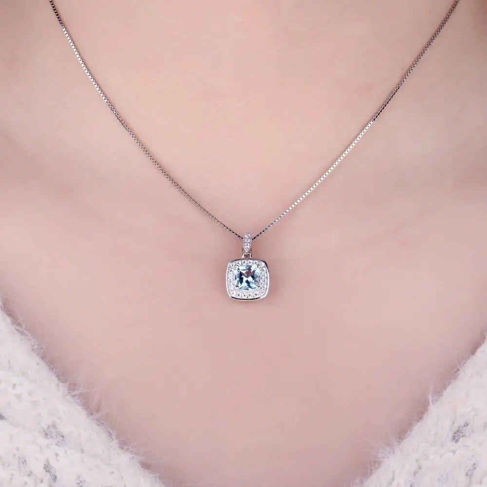 New Natural Sky Blue Topaz 925 Sterling Silver Halo Pendant Necklace for Women No Chain