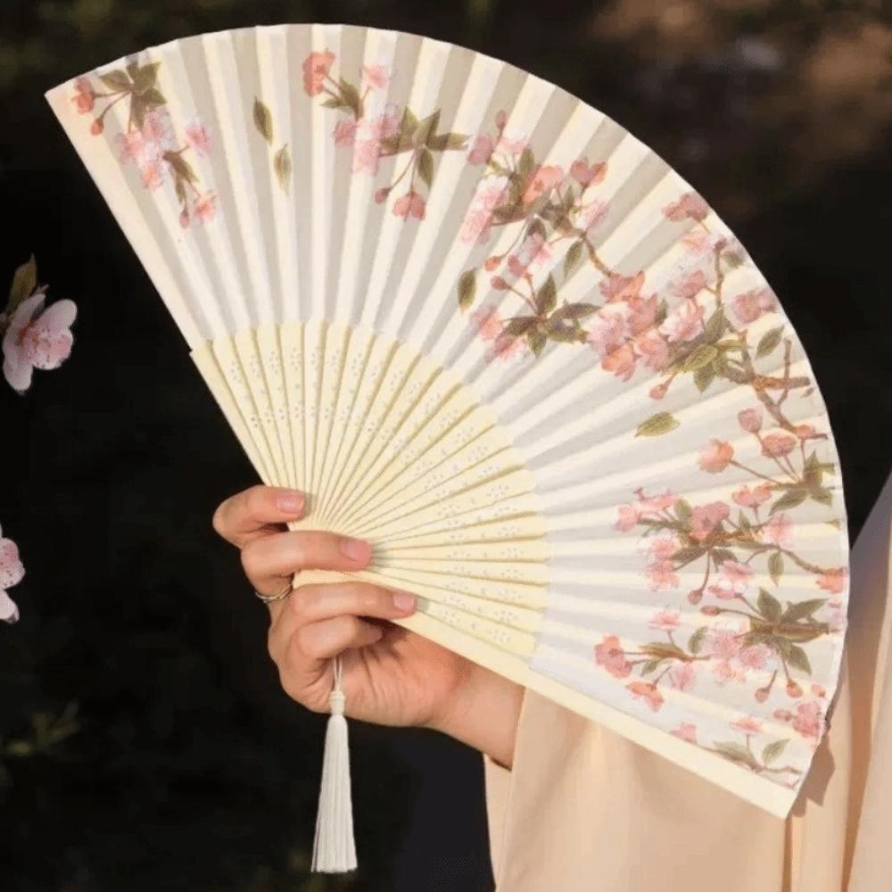 Decorative Bamboo Fan Flower Pattern Dance Fan Portable Cloth Hand Fan  Home Decoration