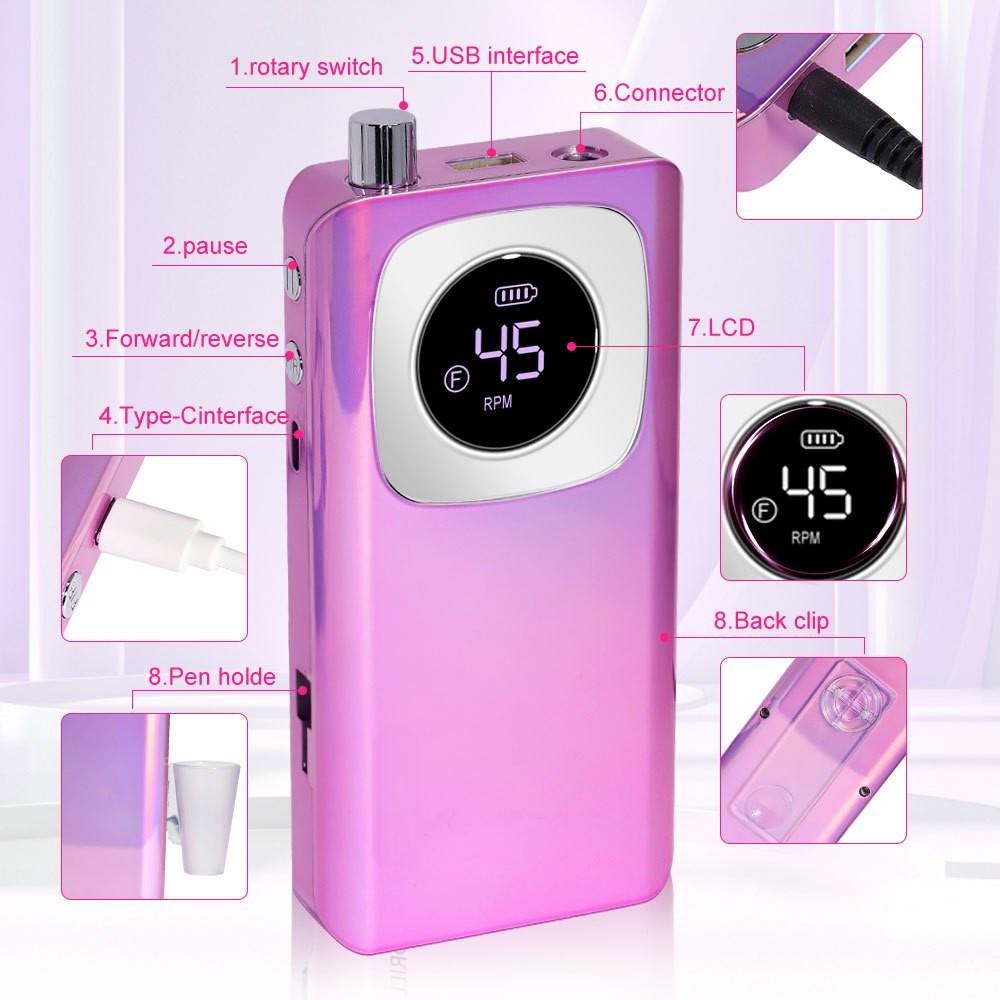 45000RPM Portable Electric Nail File Machine Nail Polishing Tool Rechargeable Professional Manicure Drill Kit