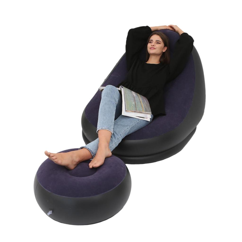 Inflatable Flocked Sofa Bed with Footrest, Foldable Outdoor Lounge Chair - In Stock