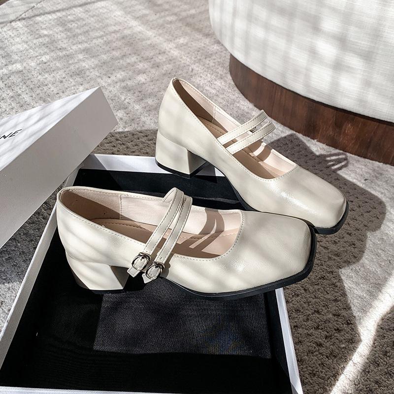 Mary Jane Shoes Women's Spring 2025 Square Head Temperament One-word Thick Heel Shallow Mouth Single Shoes