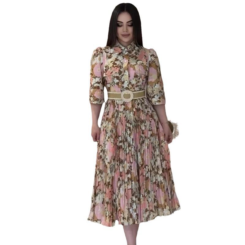 2024 Autumn Bohemian Print Turn-Down Collar Dress