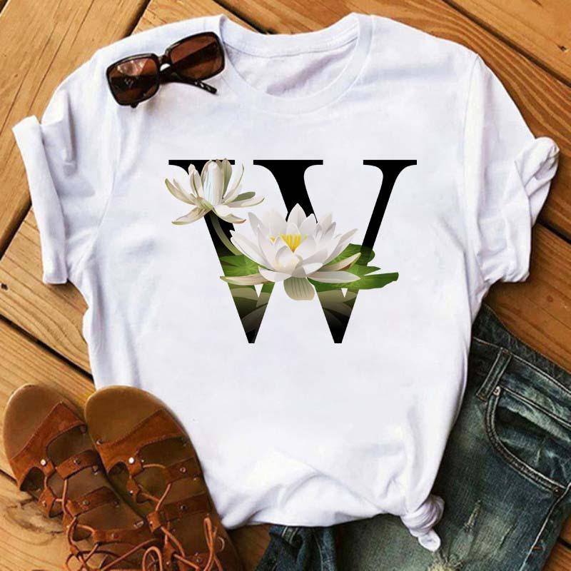 Womens Short Sleeved Tshirt with Floral Letter Print Top with Floral Pattern Casual Natural and Fashionable Daily WhiteTshirt