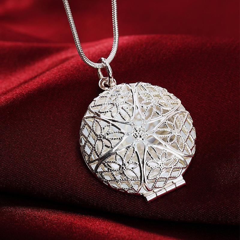 2 Pcs 925 Silver Necklaces Chain For Women Heart /Round Photo Frame Pendant Necklace Men Fashion Jewelry