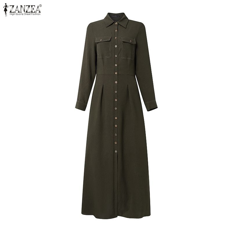 ZANZEA Damska luźna długa sukienka z kołnierzykiem i długim rękawem