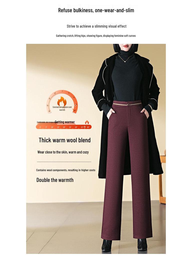 Women's High-Waisted Angola Red Wool Slim-Fit Warm Pants - Autumn/Winter