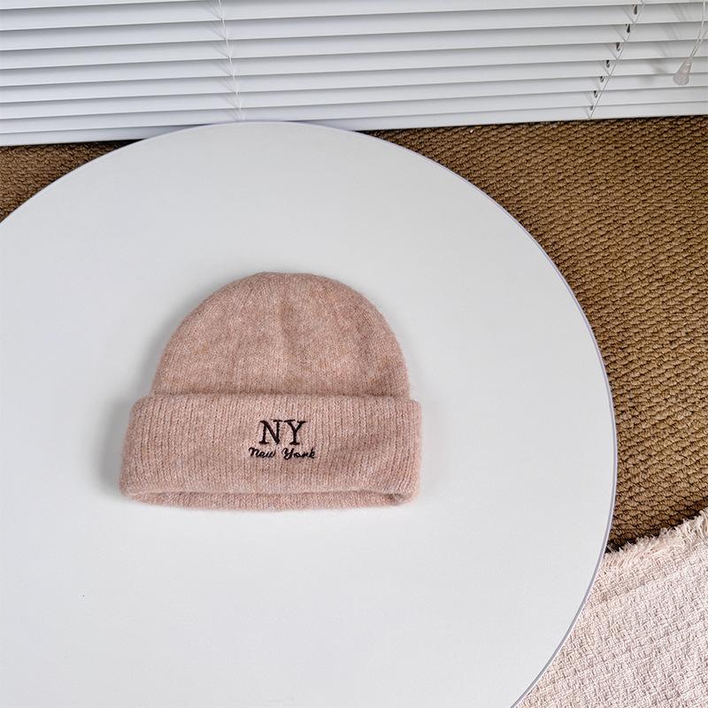 

Children s Wool Knitted Hat Autumn and Winter Versatile Korean Letter NY Embroidered Knitted Hat Fashionable Warm Wool Ball Hat one size