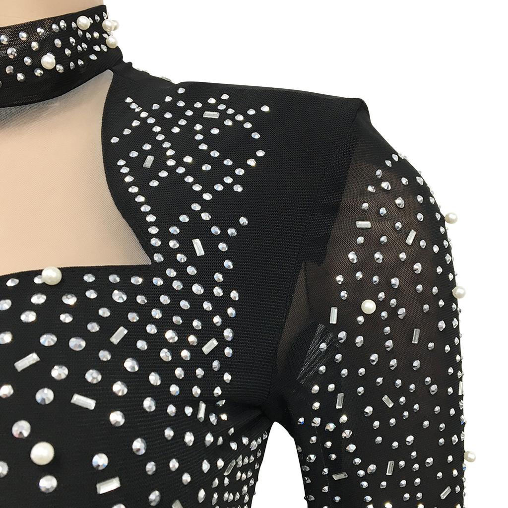 Seksowna sukienka na imprezę w klubie nocnym z głębokim dekoltem w serek, z siateczki diamentowej, przezroczysta, damska odzież