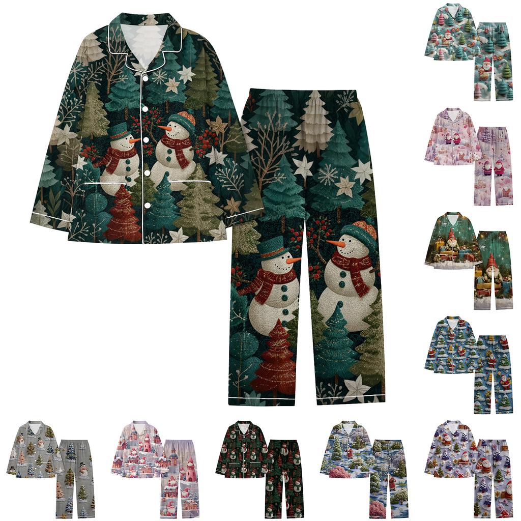 Dámská vánoční potištěná souprava na doma s dlouhým rukávem a dlouhými kalhotami