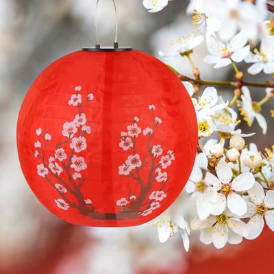 LED Solar Lantern 30cm Solar Powered Lanterns IP65 Waterproof Chinese Traditional Hanging Lanterns Nylon Colth for Garden Porch