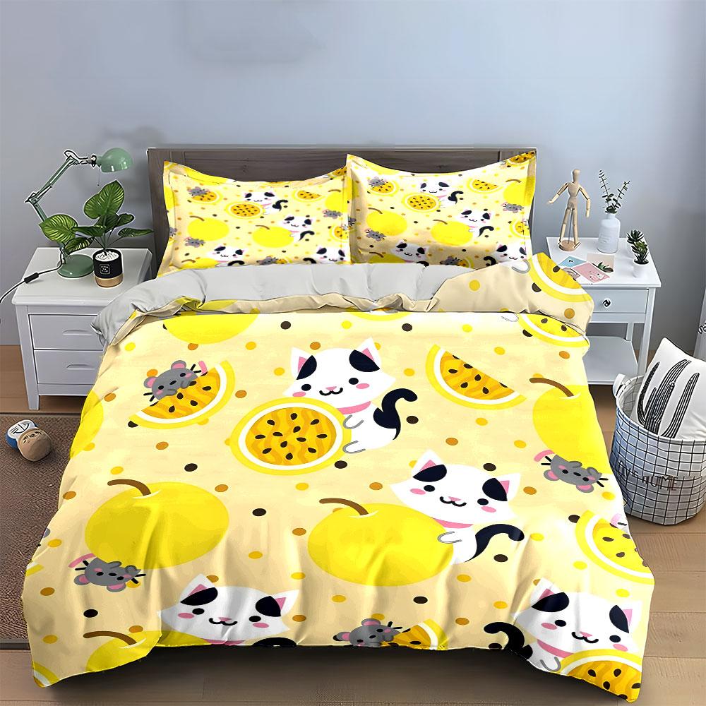 Playful Cats And Fruits Design  Kid'S And Adults' Bedroom Decor, Exquisite Three-Piece Bedding Set Gift