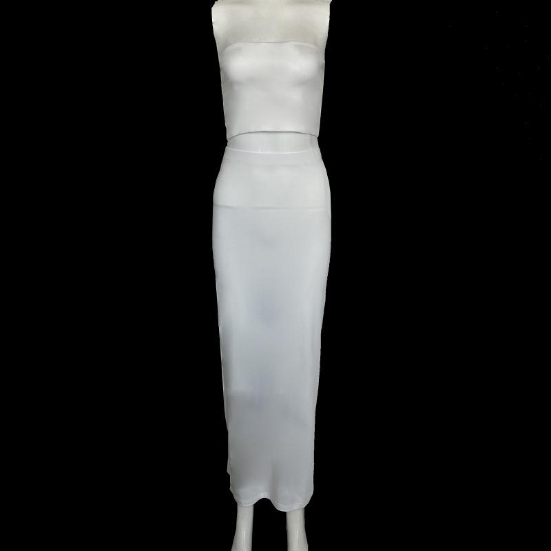 2025 Summer European Two-Piece Set: Solid Bandeau Top & High-Waisted Slim Long Skirt