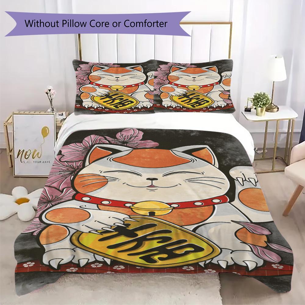 Lucky Cat Pattern Bedding,Quilt Set Quilt Cover Pillowcase Home Birthday Gift (1*duvet cover+2*pillowcase,without core)ZSJT0917220