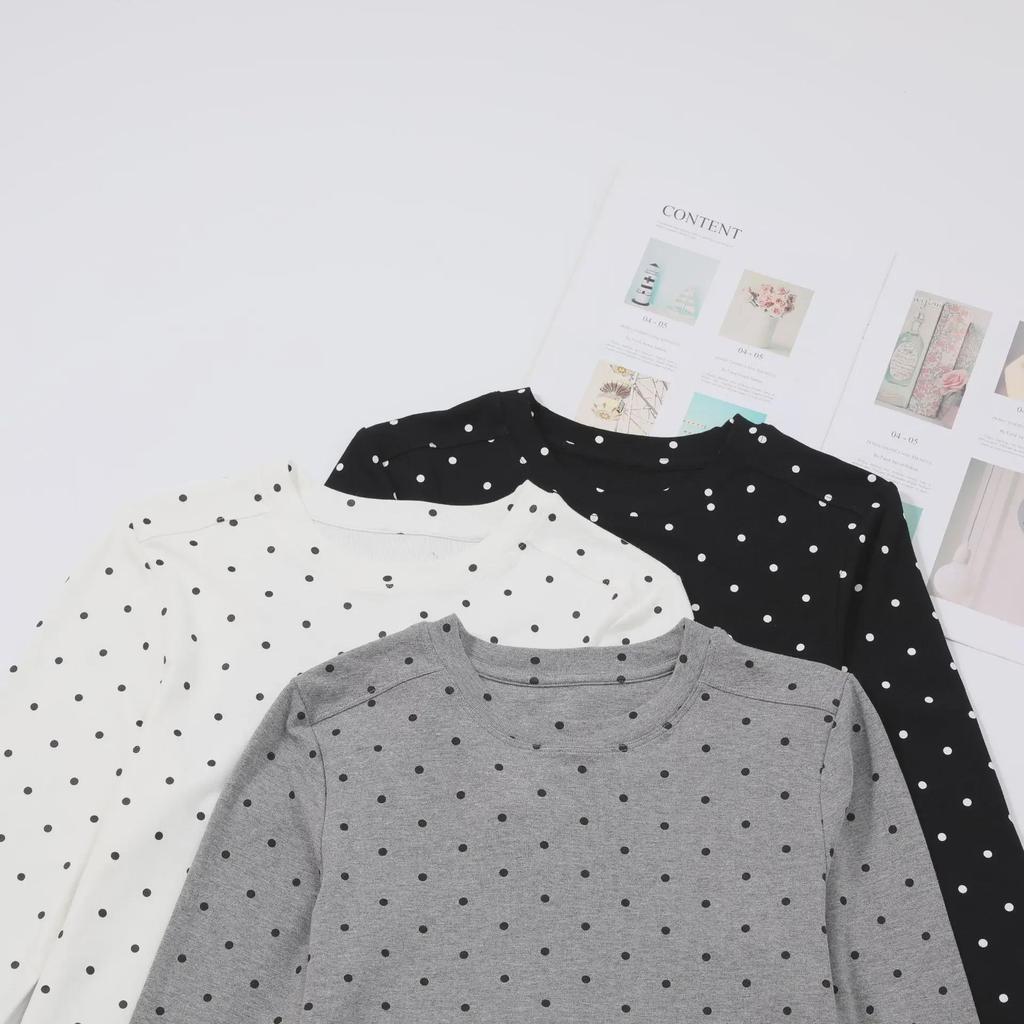 Polka Dot Long-Sleeve Round-Neck Women's Slim Fit Casual Top for Autumn/Winter.