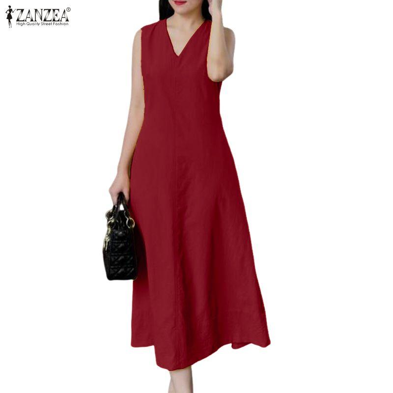 ZANZEA Women Elegant V-Neck Casual Sleeveless Dress