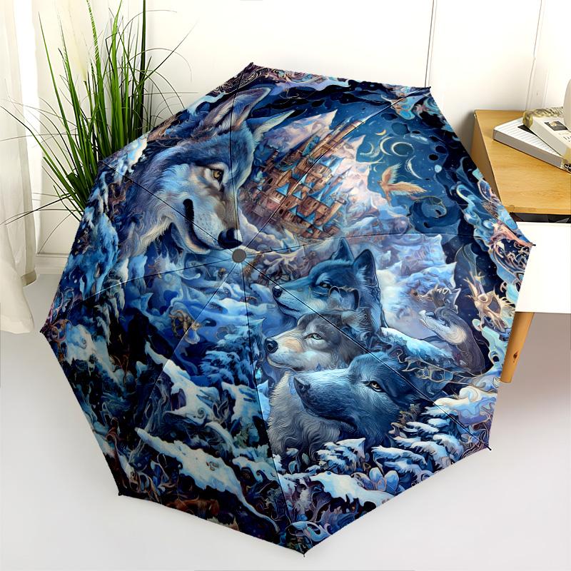 Wolfsmuster, automatisch faltbarer Regenschirm, tragbares und faltbares Design, 8 Rippen, ein Weihnachts- oder Geburtstagsgeschenk.