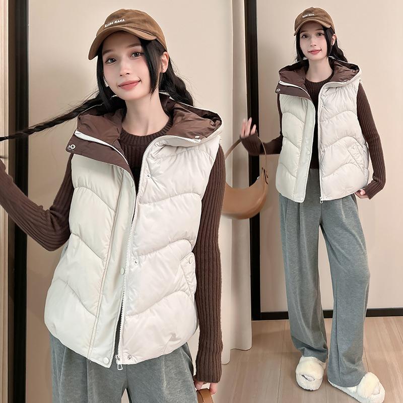 

Korean version of the new women s lightweight sleeveless jacket hooded solid color thickened warm sports and leisure loose cotton jacket M