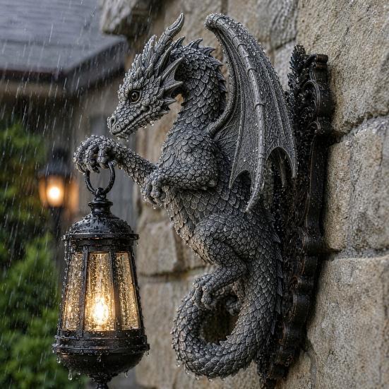 Solar Dragon Wall Light Vintage Resin Outdoor Dragon Sculpture Lamp Waterproof Gothic Garden
