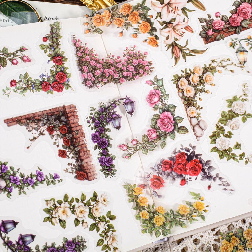 Retro Courtyard Rose Corner Stickers: Flower Journal DIY Decor Set
