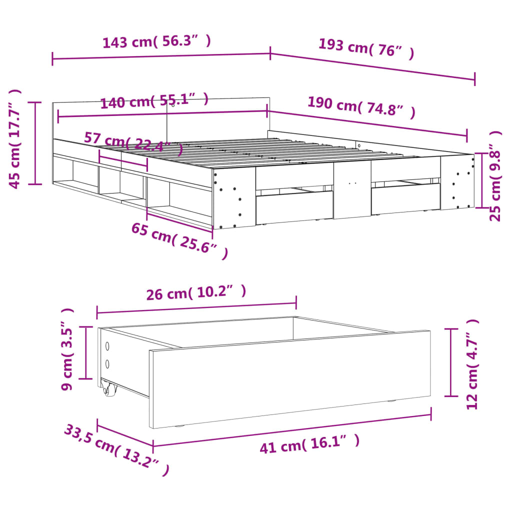 Bed Frame with Drawers Grey Sonoma 140x190 cm Particleboard