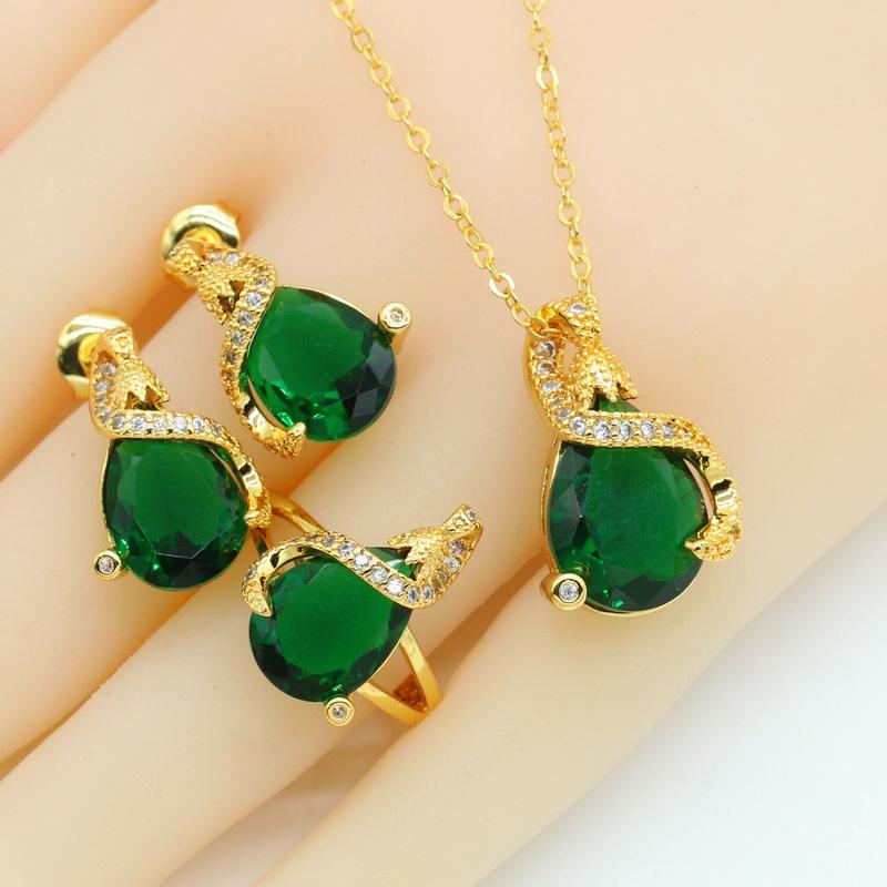 Pear Shaped Red Blue Stones Gold Color Jewelry Set For Women Stud Earrings Necklace Pendant Rings Gift Box