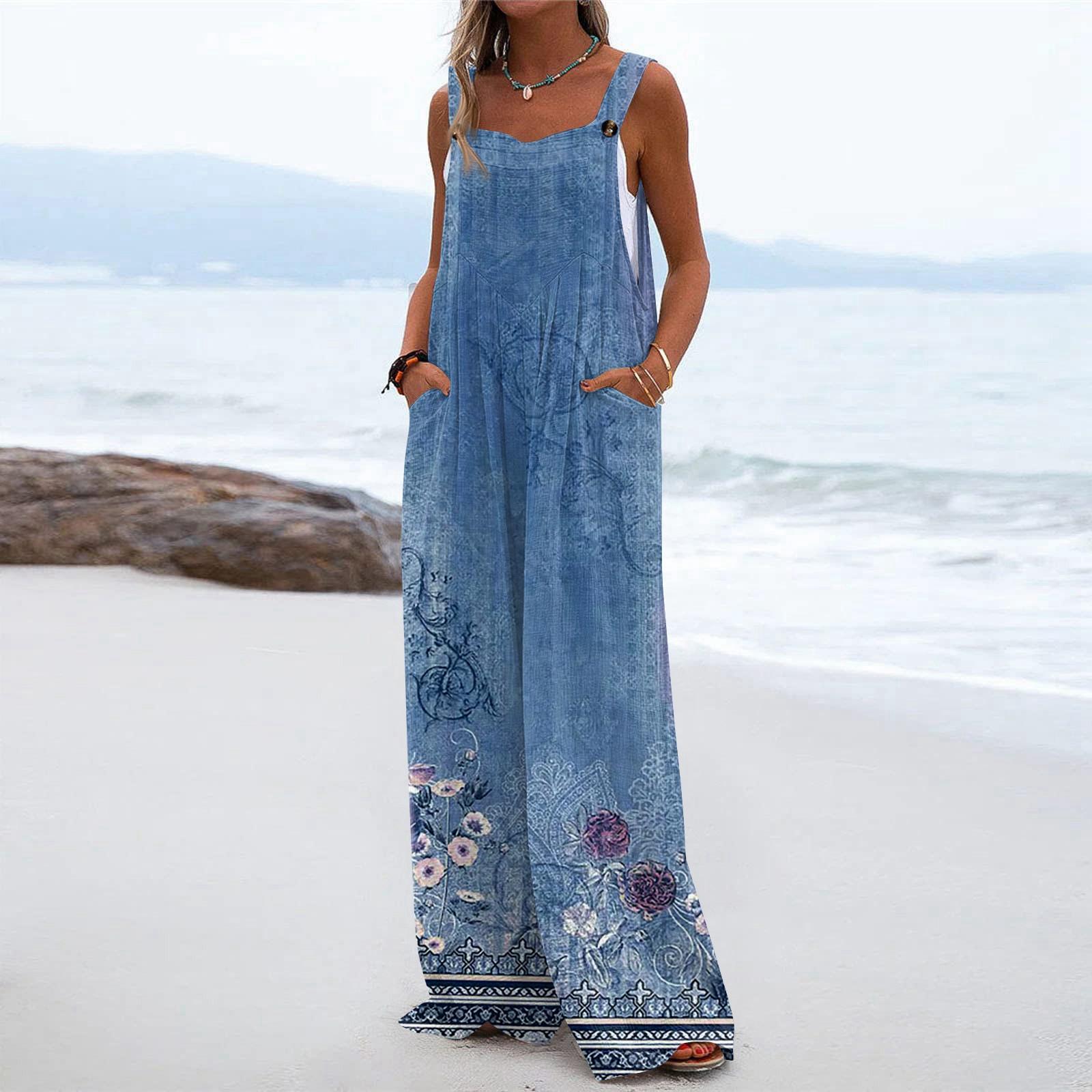 

Женский модный повседневный свободный комбинезон без рукавов с карманами и принтом L синий