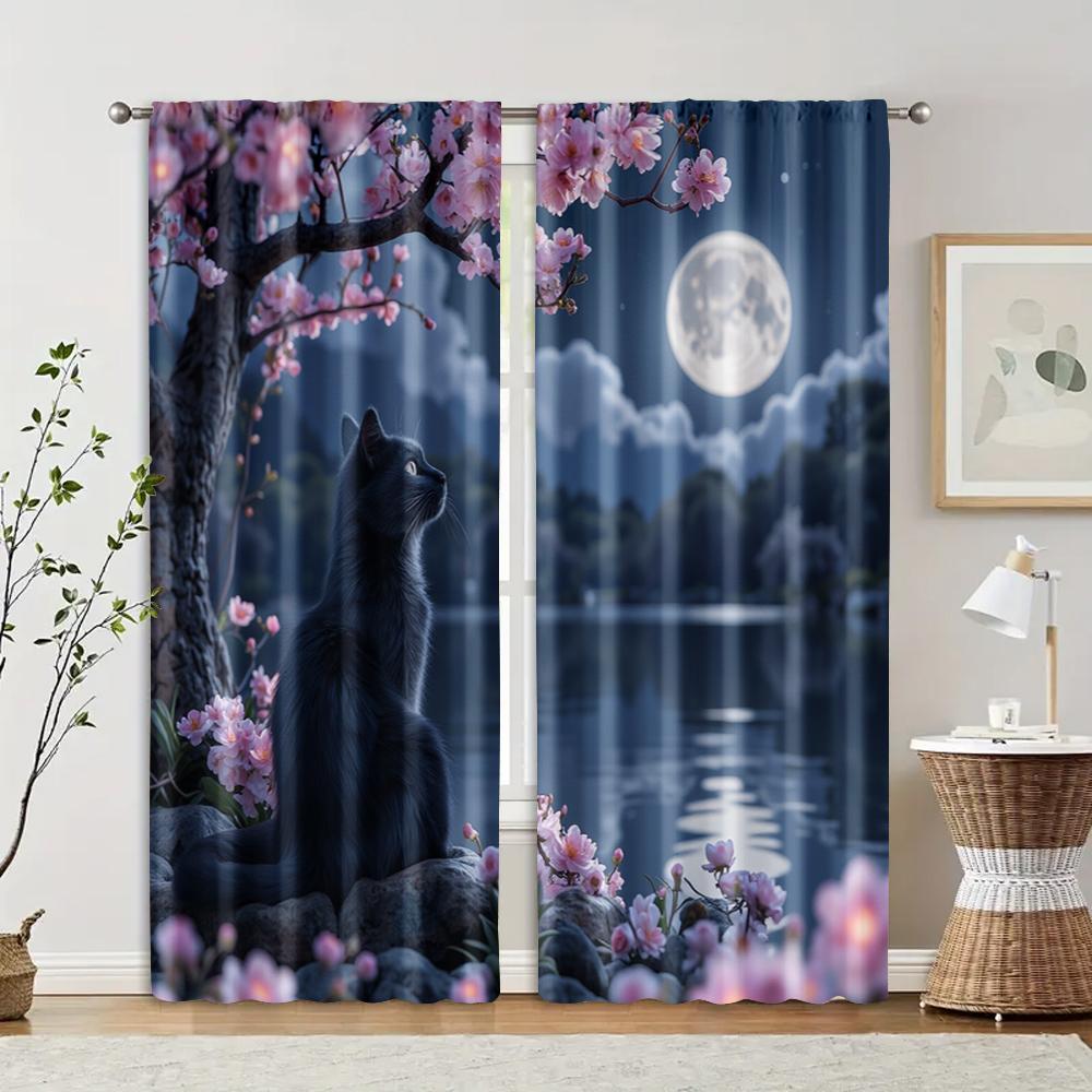 2pcs   Curtains Cherry Blossom Black Cat Machine Washable Polyester (without rod) Thermal Insulation   and Room Darkening