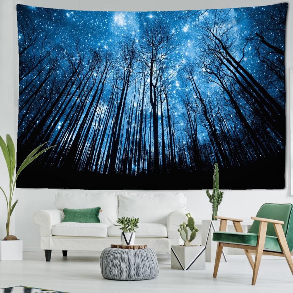 Dark Blue Starry Sky Forest Tapestry Wall Hanging Mysterious Hippie Night View Aesthetic Room Bohemian Room Decor