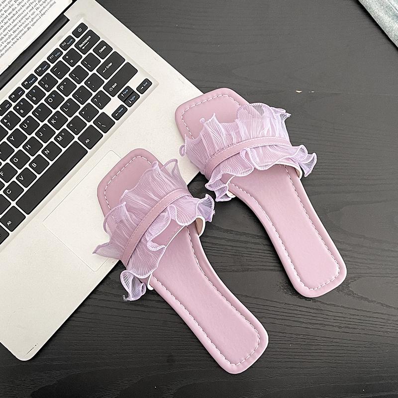 Fashion Large Size Flip-flops Women's Fashion Square Head Open-toed Wooden Ear Edge Soft Soles Anti-slip Wear-resistant Flat Shoes