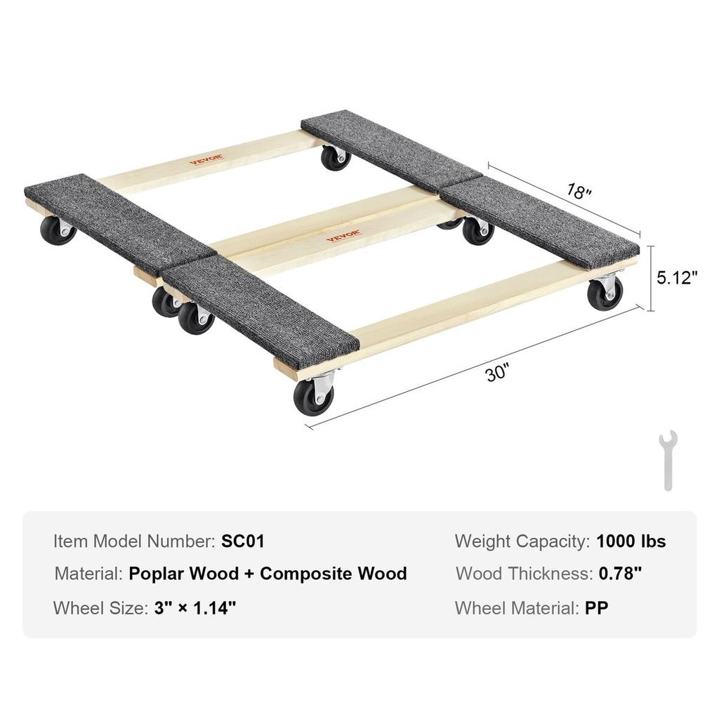 Furniture Dolly, 1000 lbs Each Load Capacity, 2 Packs, 18" x 30", 8 x 3" PP Swivel Casters, Heavy Duty Hardwood Furniture Moving Dolly, Mover's Dolly,
