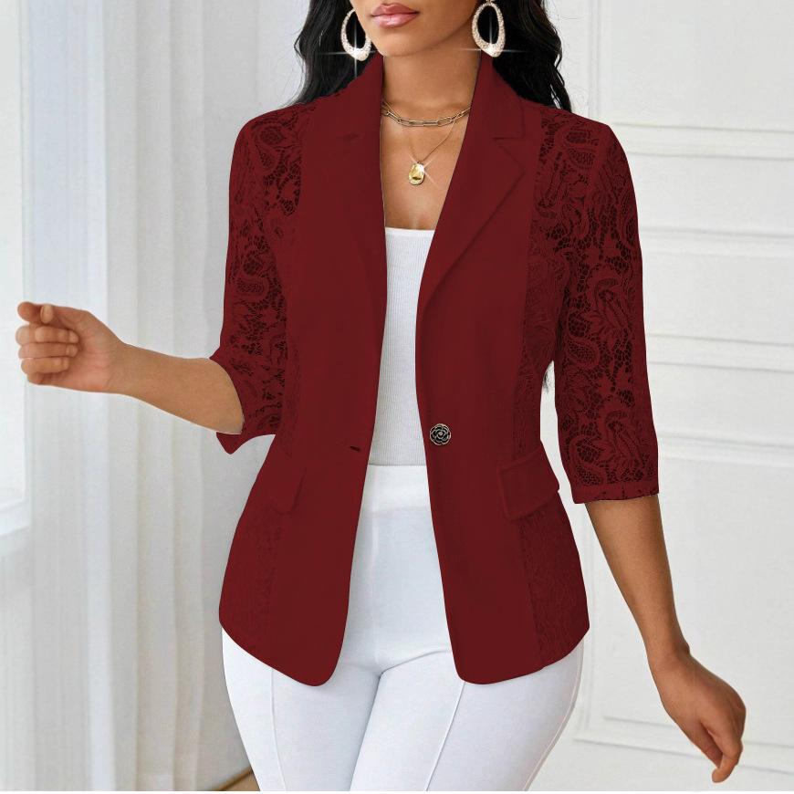 Women's Lapel Three‑Quarter Sleeve Blazer Slim Fit Elegant Lace Splicing Single Button Jacket