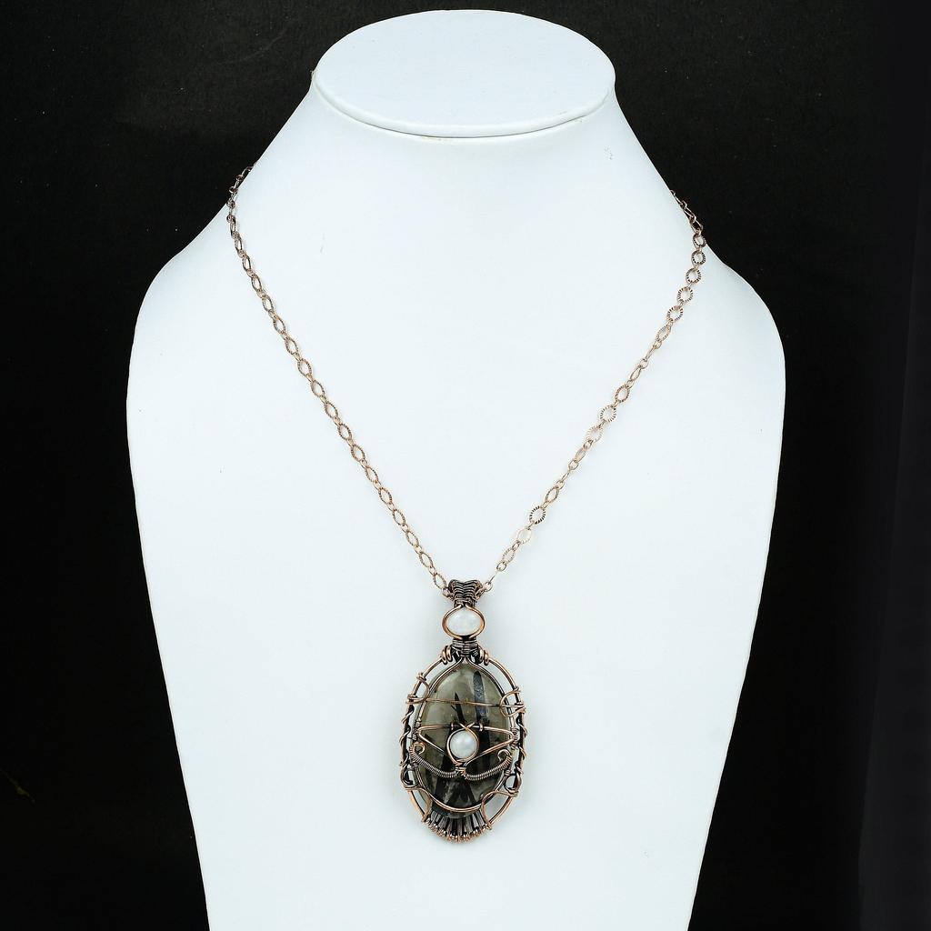 Evil Eye Black Rutile Copper Pendant Copper Wire Wrapped Jewelry Black Rutile Jewelry Moonstone Evil Eye Pendant Handmade Designer Pendant