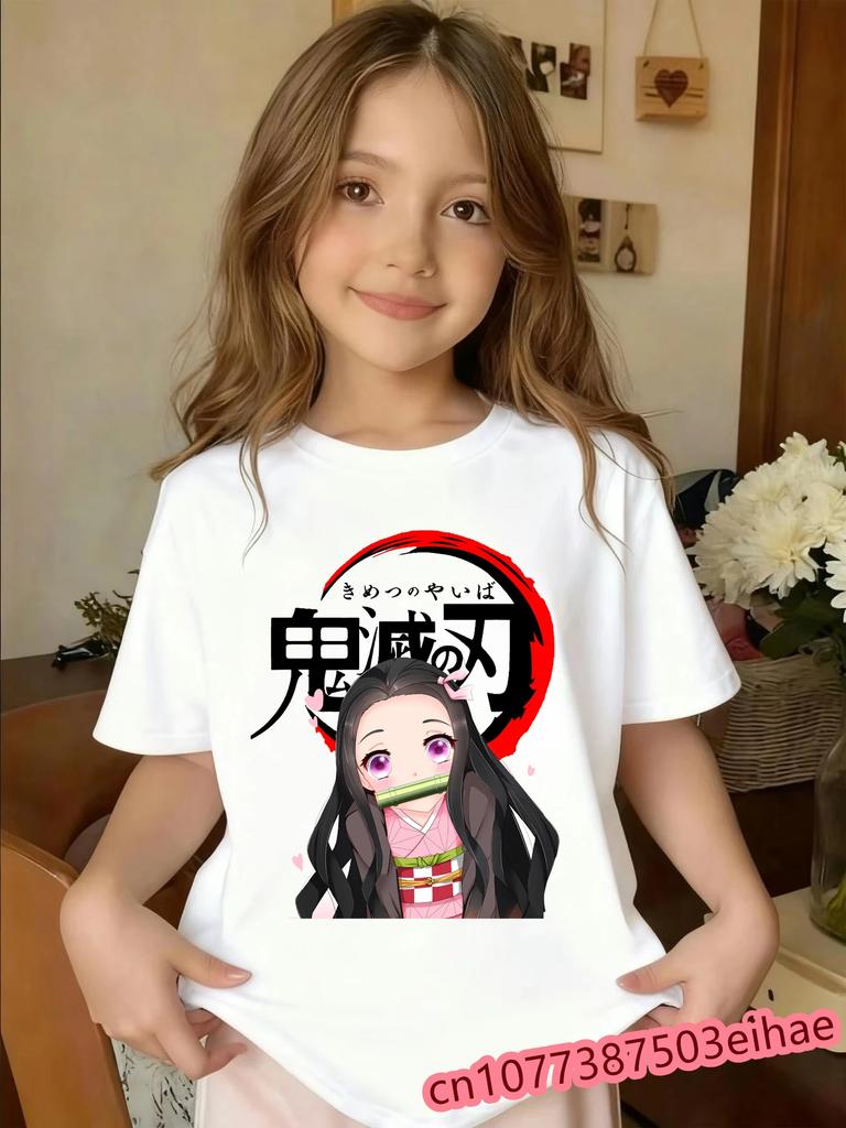 Vintage Demon Slayer Kid Tshirt Tanjiro Nezuko Inosuke Retro Print Oversized Pure Cotton Short Sleeve Casual Wear