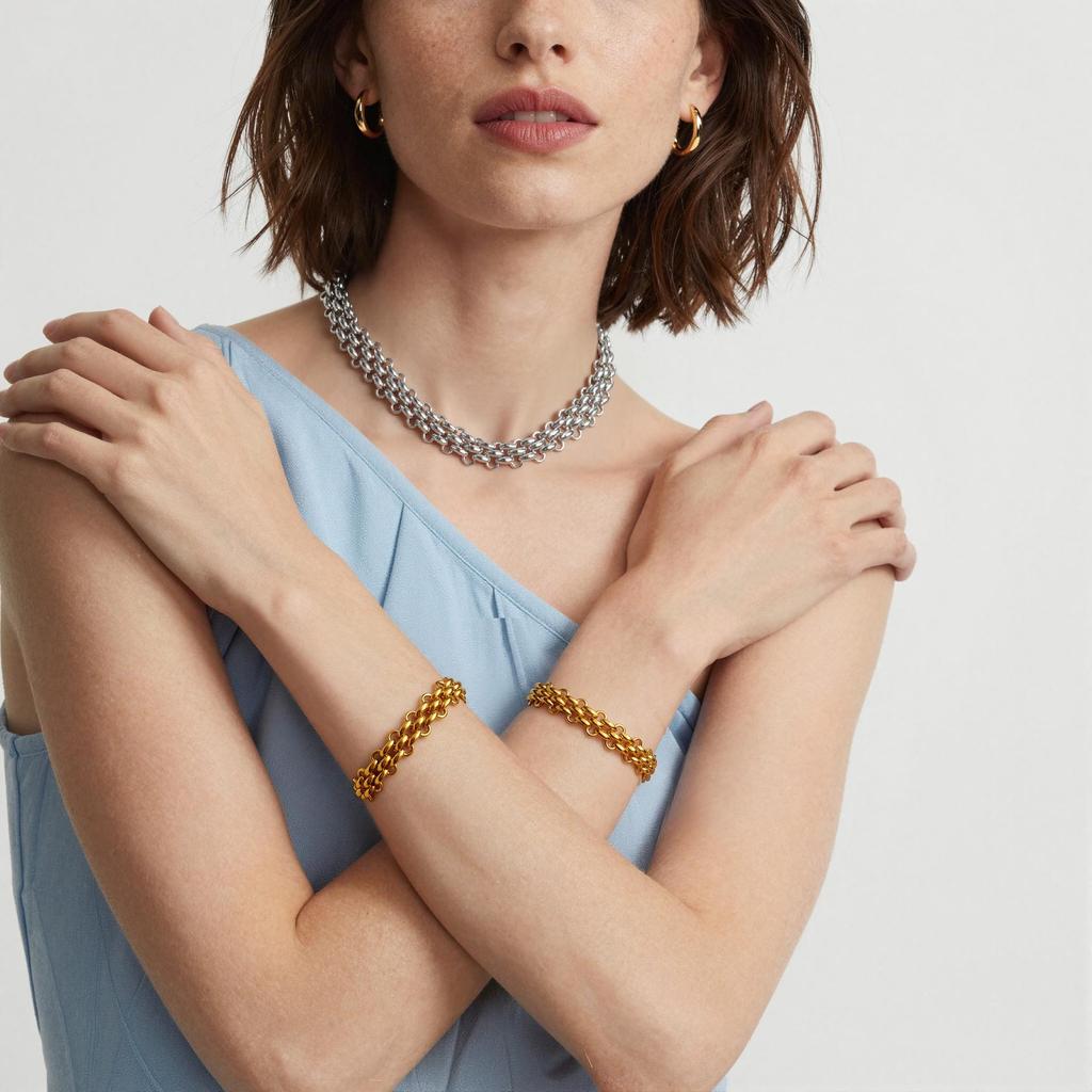Set Collana e Bracciale con Catena Acciaio Inossidabile Placcato Oro 18K con Chiusura OT - Gioielli Hip Hop Unisex