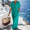 Women's Fashion Summer Spring Solid Color Print Short Sleeve V-Neck Loose Waistlinet Casual Dresses