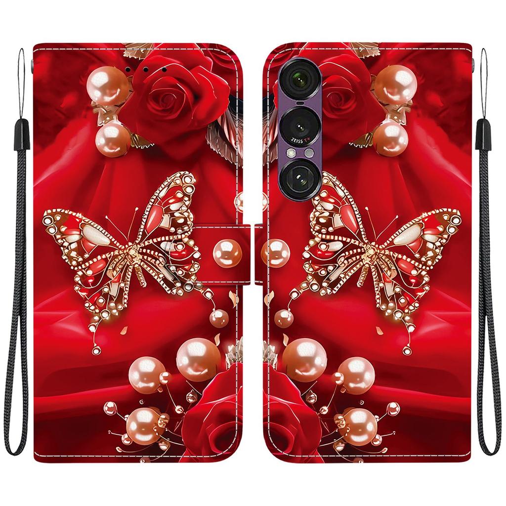 Handmade PU Leather Flip Case for Sony Xperia 1 VII Anti-Slip Shockproof Cover with Wrist Strap & Heart/Rose Cat Designs