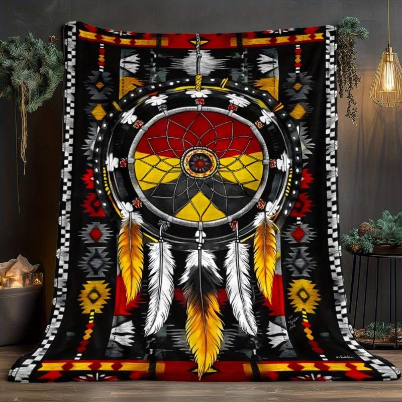 1pc Indian Style Dream Catcher Print Blanket - Lightweight Flannel Throw with Feather & Dreamcatcher Design