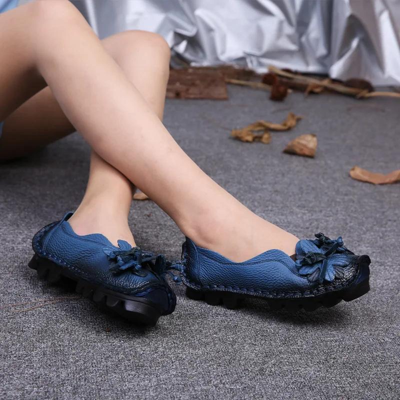 2025 Summer Genuine Leather Flats Women Soft Slip-On Flat Shoes Black Red Floral Mom Loafers Moccasin Lady Designer Shoes