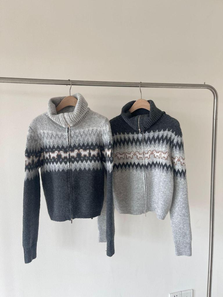 Women's Retro Fair Isle Puppy Jacquard Cardigan - High Neck, Thickened, High Waist, Double Zipper, Short Jacket for Autumn/Winter 2026.