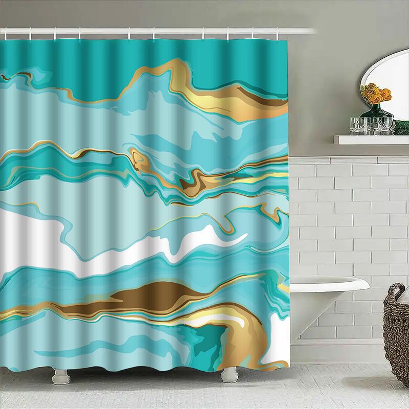 Modern Blue Gold Marbled Shower Curtain For Bathroom Decor 72X84 Inch Shabby Chic Bath Linens With Rod Pocket
