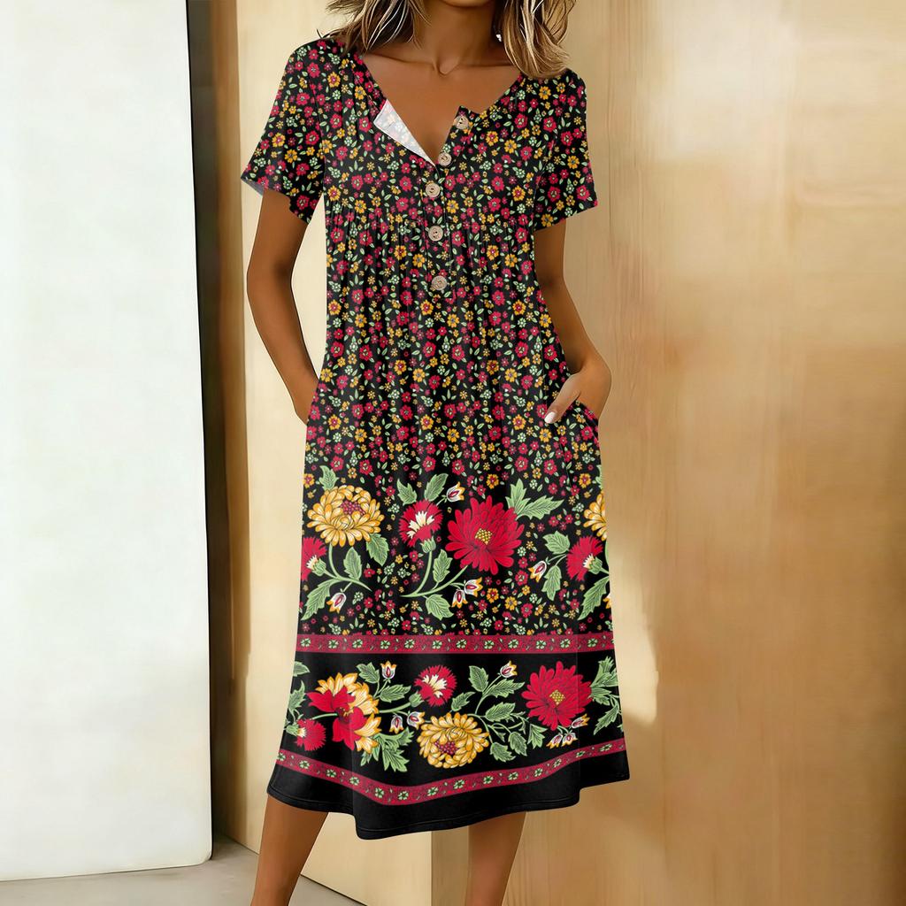 Women's Fashionable Retro Printed Round Neck Short Sleeved Button Neck Mid Length Casual Dress