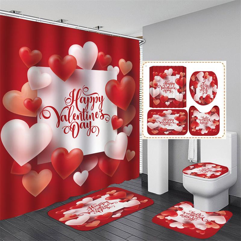 Valentine's Day Bathroom Bathing Waterproof Shower Curtain Home Entrance Doormat Bathtub 4Pcs Set Toilet Seat Cover Rugs Bath Non-Slip Floor Mat Love