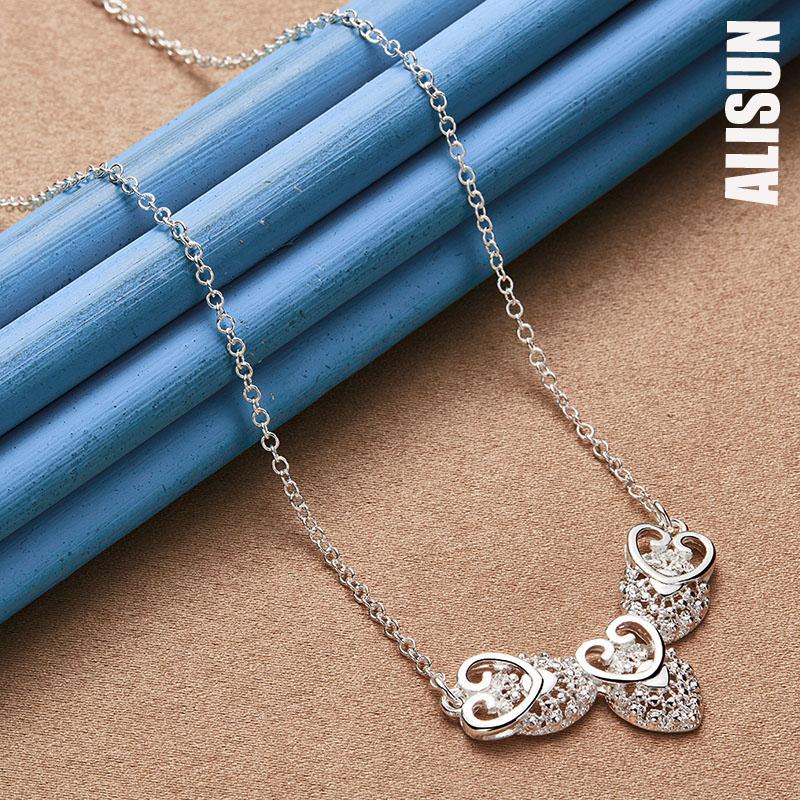 925 Sterling Silver Three Heart Pendant Necklace Fashionable Wedding Jewelry